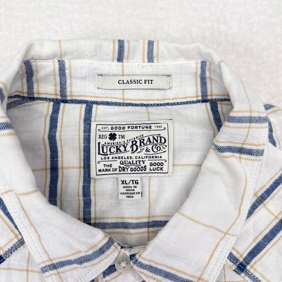 Lucky Brand Snap Button Shirt Mens XL White Blue Plaid Short Sleeve Button Down - Picture 5 of 9